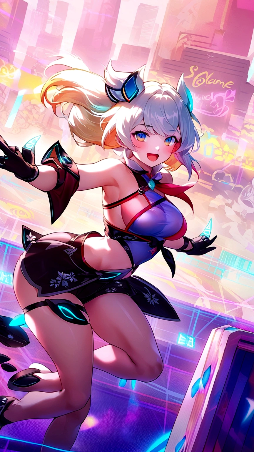 The image features a female character with blonde hair, wearing a black and red outfit while standing in front of a colorful backdrop.