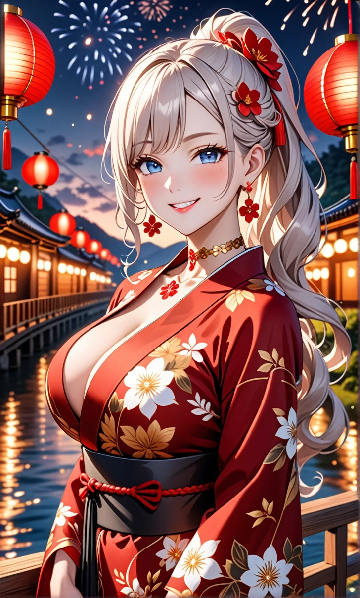 ultra-detailed, ((one girl)), black kimono girl, hyper detailed, absurdres, 8K, Beautiful Face, (Laugh shyly), ((teasing smile:1.8)), ((Wink:1.8)), (Laugh with your mouth wide open),(Tilt your head:1.3), View your viewers, ((Bright red cheeks:1.6)),Glossy Red Lips, ((Big Breasts:1.5)), (valley),night, Riverside,On Bridge, firework, (Brighten your face), ((Anime style background)),masterpiece, Highest quality, so beautiful,Latest, Complex details, (Pink long nails), (nail art), (ring),(bracelet), (Floral Choker),AI-generated, Complex,High resolution, Highest quality, super high quality,3D Images、3D Images,One person,Silver long hair,(High Ponytail), (wavy hair:1.3), Fair-skinned anime woman posing for a photo, ((Fine grain、blue eyes、glowing eyes:1.4)), (Squint your eyes:1.1),a hyperRealistic , hyperRealistic , Realistic,Anime woman with long white hair, Smooth anime CG art, A girl in a gorgeous kimono with gold embroidery, ((black furisode)),(Red floral pattern) ,Long flower hair ornament,Floral Earrings,Mature Body, tall,Abdominal muscles,Narrow waist,((arched back:1.9)), (front view),