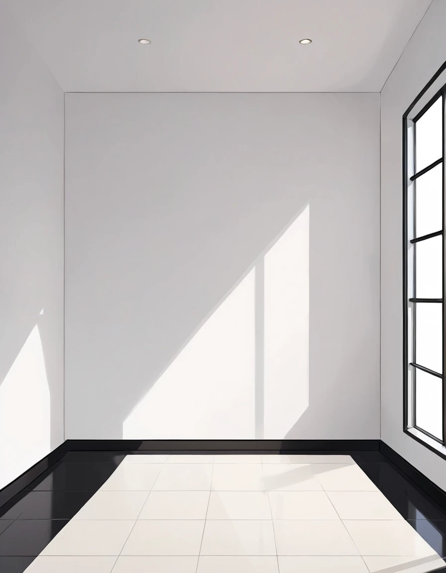 White wall, Black Floors, Simple Cartoon Style.