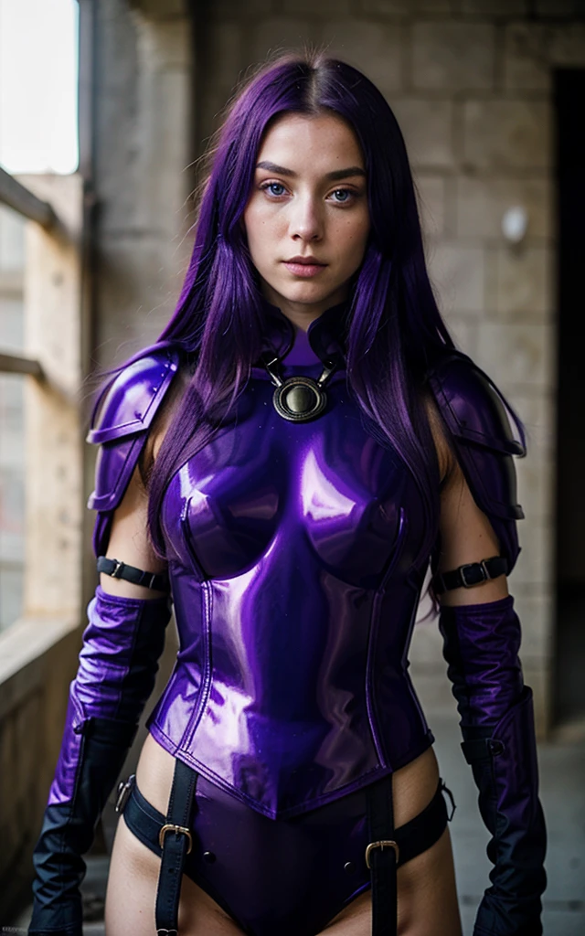 Mysterious woman in violet armor., red eyes and long blue hair