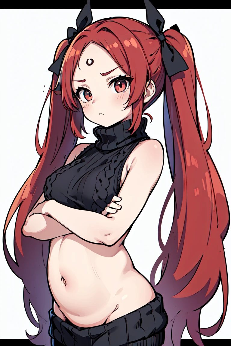 1girl, tsundere, small breasts, ((huge belly)), ((obese)), (red hair:1.2, twintails, very long hair, open forehead)), black hair ribbons, (sweater, turtleneck sweater, backless sweater, sleeveless, bottomless), standing, (crossed arms), :< expression, pouting, inexpressive, neutral, sfw, ((white background)), anatomically correct, best quality, award winning, highres, 16k, 1080P, HD, masterpiece, accurate, border, outside border,