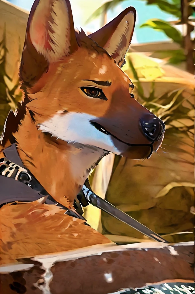 close up, furry, anthro, giant maned wolf, maned wolf ears, maned wolf tail, orange, white and brown fur, messy fur, neck floof, brown fluffy mohawk, brown eyes, razor sharp teeth, slim body, handsome, slender, lanky body, really long arms, really long legs, tall, wearing a brazilian police officer uniform, police gear and police cap, pawpads, black pawpads, ((best quality, 4K, UHD, masterpiece)), patrolling a brazilian town, alone, sunny day, 