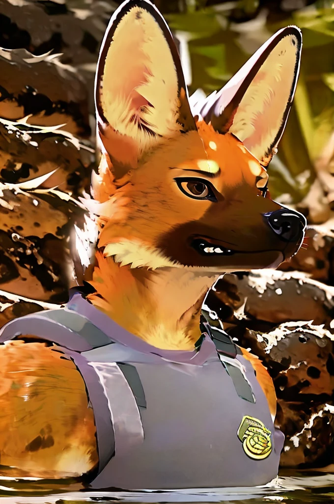 close up, furry, anthro, giant maned wolf, maned wolf ears, maned wolf tail, orange, white and brown fur, messy fur, neck floof, brown fluffy mohawk, brown eyes, razor sharp teeth, slim body, handsome, slender, lanky body, really long arms, really long legs, tall, wearing a brazilian police officer uniform, police gear and police cap, pawpads, black pawpads, ((best quality, 4K, UHD, masterpiece)), patrolling a brazilian town, alone, sunny day, 