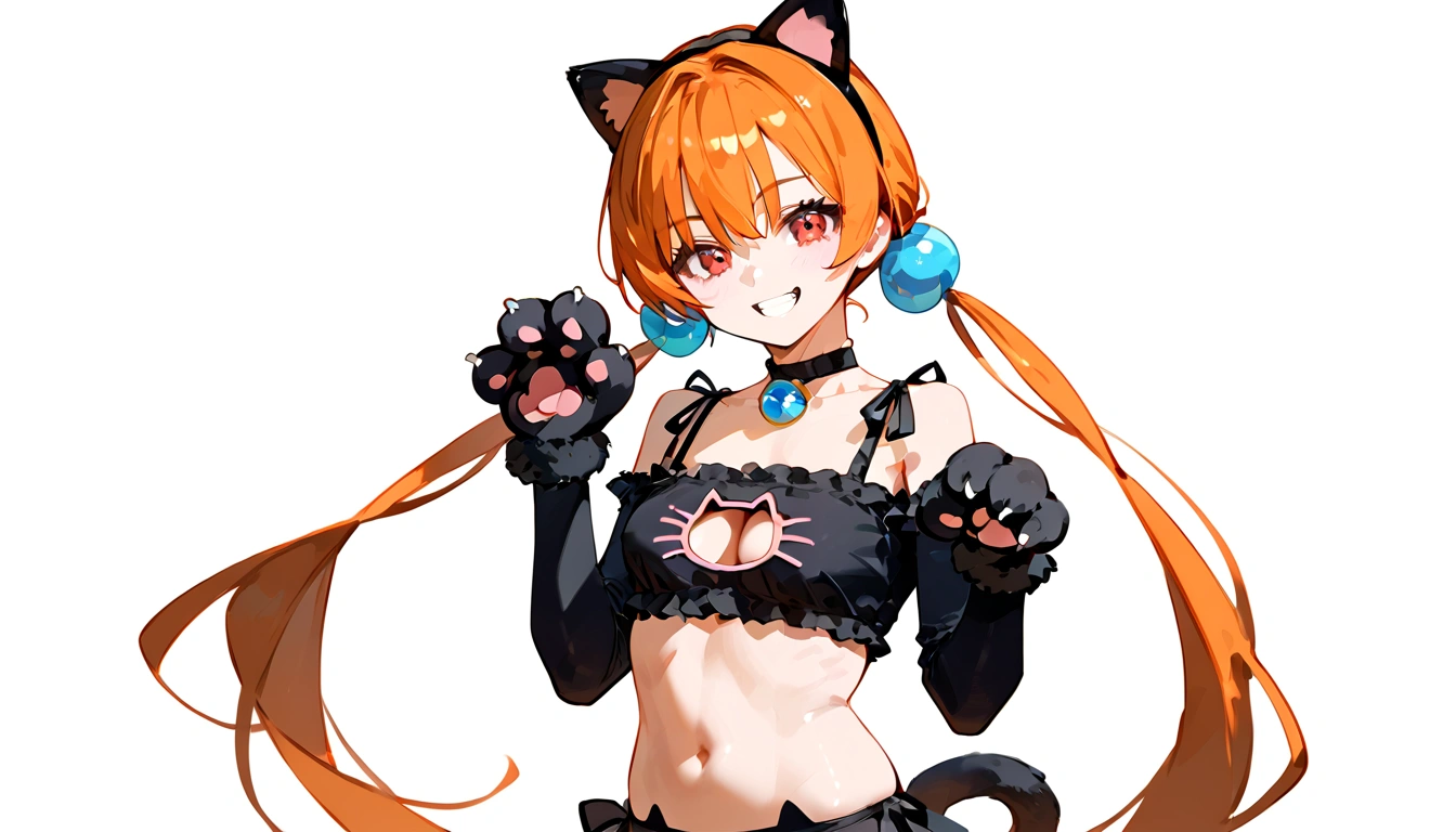 anime artwork, score_9, score_8_up, score_7_up, score_6_up, score_5_up, score_4_up,alisasr, 1girl, orange hair, red eyes, fake black cat ears, hairband, long hair, very long hair, twintails, hair ornament, hair bobbles, low twintails,, \\\\\\ \\\\\ , cat lingerie, paws gloves, cat tail, the pose, grin
