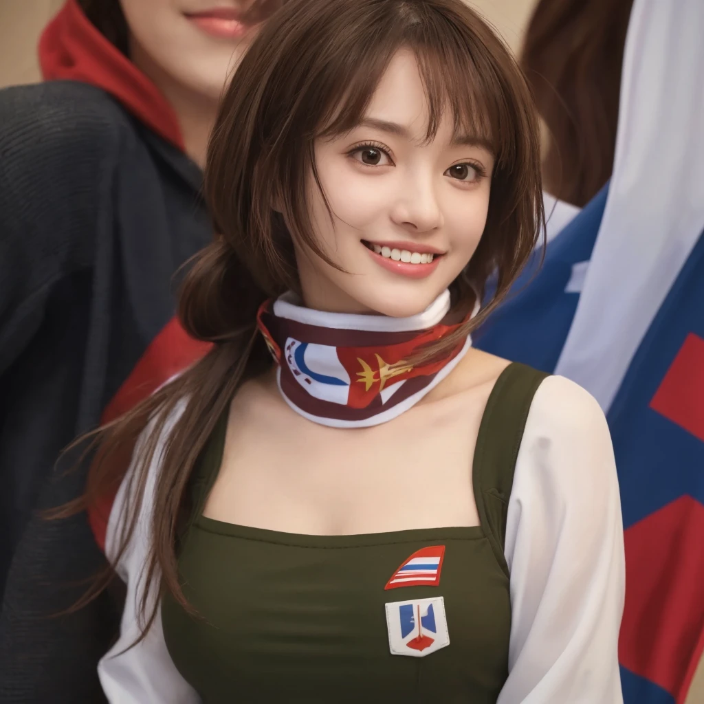 最high quality,Very detailed,finely,High resolution,8K壁紙,Perfect dynamic composition,Young Japanese Woman,Age 25, Black Hair, thin, 4K, 8K, high quality, beauty, smile, White teeth,Beautiful Eyes, Characterized by simplicity, High resolution,1 person,Japanese Idols,Large Breasts,ponytail,Landmine Makeup,Red cheeks,whole body,Soccer uniforms,Stadium,Watching Soccer,Ground