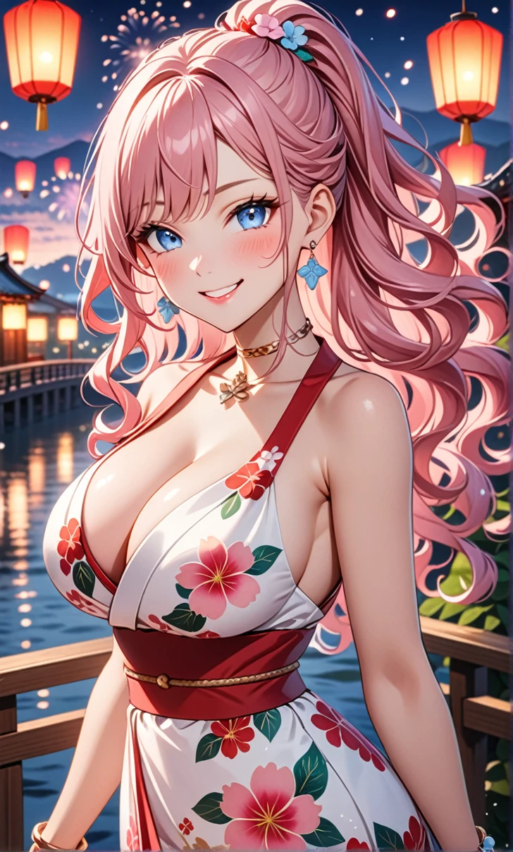 ultra-detailed, ((one girl)), in pastel colors girl, hyper detailed, absurdres, 8K, Beautiful Face, (Laugh shyly), ((teasing smile:1.8)), ((Wink:1.8)), (Laugh with your mouth wide open),(Tilt your head:1.3), View your viewers, ((Bright red cheeks:1.6)),Glossy Red Lips, ((Big Breasts:1.5)), (valley),night, Riverside,On Bridge, firework, (Brighten your face), ((Anime style background)),masterpiece, Highest quality, so beautiful,Latest, Complex details, (Pink long nails), (nail art), (ring),(bracelet), (Floral Choker),AI-generated, Complex,High resolution, Highest quality, super high quality,3D Images、3D Images,One person,Pastel pink long hair,(High Ponytail), (wavy hair:1.3), Pastel anime woman posing for a photo, ((Fine grain、blue eyes、glowing eyes:1.4)), (Squint your eyes:1.1),a hyperRealistic , hyperRealistic , Realistic,Anime woman with long pastel pink hair, Smooth anime CG art, A girl in a gorgeous pastel-colored kimono, ((Pastel-colored furisode)),(Pink large floral pattern) ,Long flower hair ornament,Floral Earrings,Mature Body, tall,Abdominal muscles,Tight waist,((arched back:1.9)), (front view),