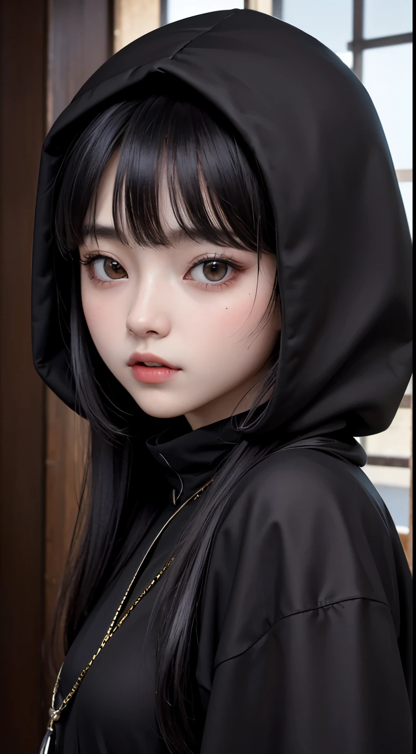 (8K, Raw photo, Highest quality, masterpiece:1.2), One Woman、Japan at age 18,whole body.{cinematic angle、Wide angleの、Do not split the screen、}(Real Skin 1.4)、(((vampire、Black hood、Black Cape、Goth Costume、Don't show skin、)))、(((In the dark forest、Pitch Black Night、Thick Fog)))((Blood dripping from the mouth、Red eyes、Black and length nails))、50mm lens、30mm Film、Wide angle、(length、Straight Hair、)、(Black-haired、the forehead is hidden by bangs、)、Iris、Glowing Skin.Beautiful and delicate face、Beautiful and delicate eyes、{Small breasts、Muscular body、}、