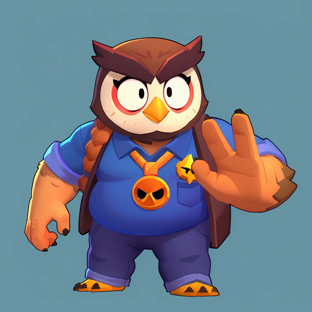 Full body view from an anthropomorphic obese brown owl, bulging eyes, oval yellow beak, dressed in a blue polo shirt, purple jeans with orange trim on the side, gold braid, owl head logo on his polo shirt, weapons in hands, brawl, brawl stars
