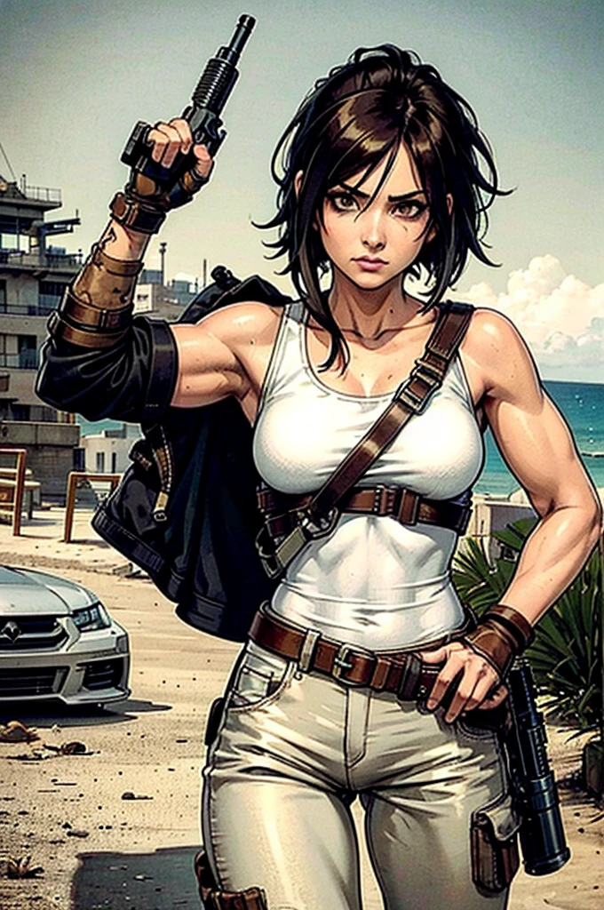 a military woman, well trained body, white sleeveless t-shirt, Exposed collarbone, beige leather shelter, blue pants, two leather belts with gun pockets, dark brown hair, carving, Brown eyes, hazel left eye, left eye with a scar, beach shore, at daytime, getting off a water boat, threatening expression looking at viewer, sparkling beach, palm trees around, In a post-apocalyptic environment, post - apocalyptic cowgirl, Post - Apocalyptic style, Post apocalyptic clothing, pose, post-apocalyptic, Postapocalyptic style, post apocalyptic grunge, Post - Apocalyptic Scavenger. (Ultra quality) 8k quality, detailed, perfect light, perfect angle, perfect sharpness.