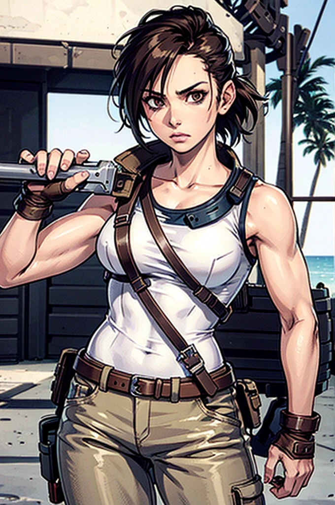 a military woman, well trained body, white sleeveless t-shirt, Exposed collarbone, beige leather shelter, blue pants, two leather belts with gun pockets, dark brown hair, carving, Brown eyes, hazel left eye, left eye with a scar, beach shore, at daytime, getting off a water boat, threatening expression looking at viewer, sparkling beach, palm trees around, In a post-apocalyptic environment, post - apocalyptic cowgirl, Post - Apocalyptic style, Post apocalyptic clothing, pose, post-apocalyptic, Postapocalyptic style, post apocalyptic grunge, Post - Apocalyptic Scavenger. (Ultra quality) 8k quality, detailed, perfect light, perfect angle, perfect sharpness.
