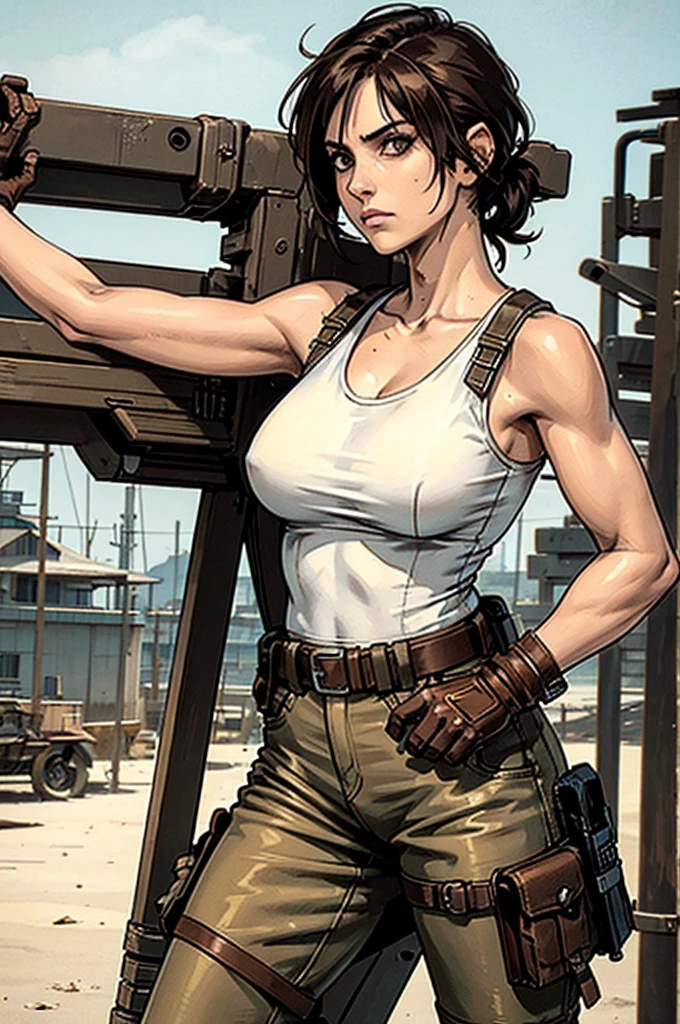 a military woman, well trained body, white sleeveless t-shirt, Exposed collarbone, beige leather shelter, blue pants, two leather belts with gun pockets, dark brown hair, carving, Brown eyes, hazel left eye, left eye with a scar, beach shore, at daytime, getting off a water boat, threatening expression looking at viewer, sparkling beach, palm trees around, In a post-apocalyptic environment, post - apocalyptic cowgirl, Post - Apocalyptic style, Post apocalyptic clothing, pose, post-apocalyptic, Postapocalyptic style, post apocalyptic grunge, Post - Apocalyptic Scavenger. (Ultra quality) 8k quality, detailed, perfect light, perfect angle, perfect sharpness.