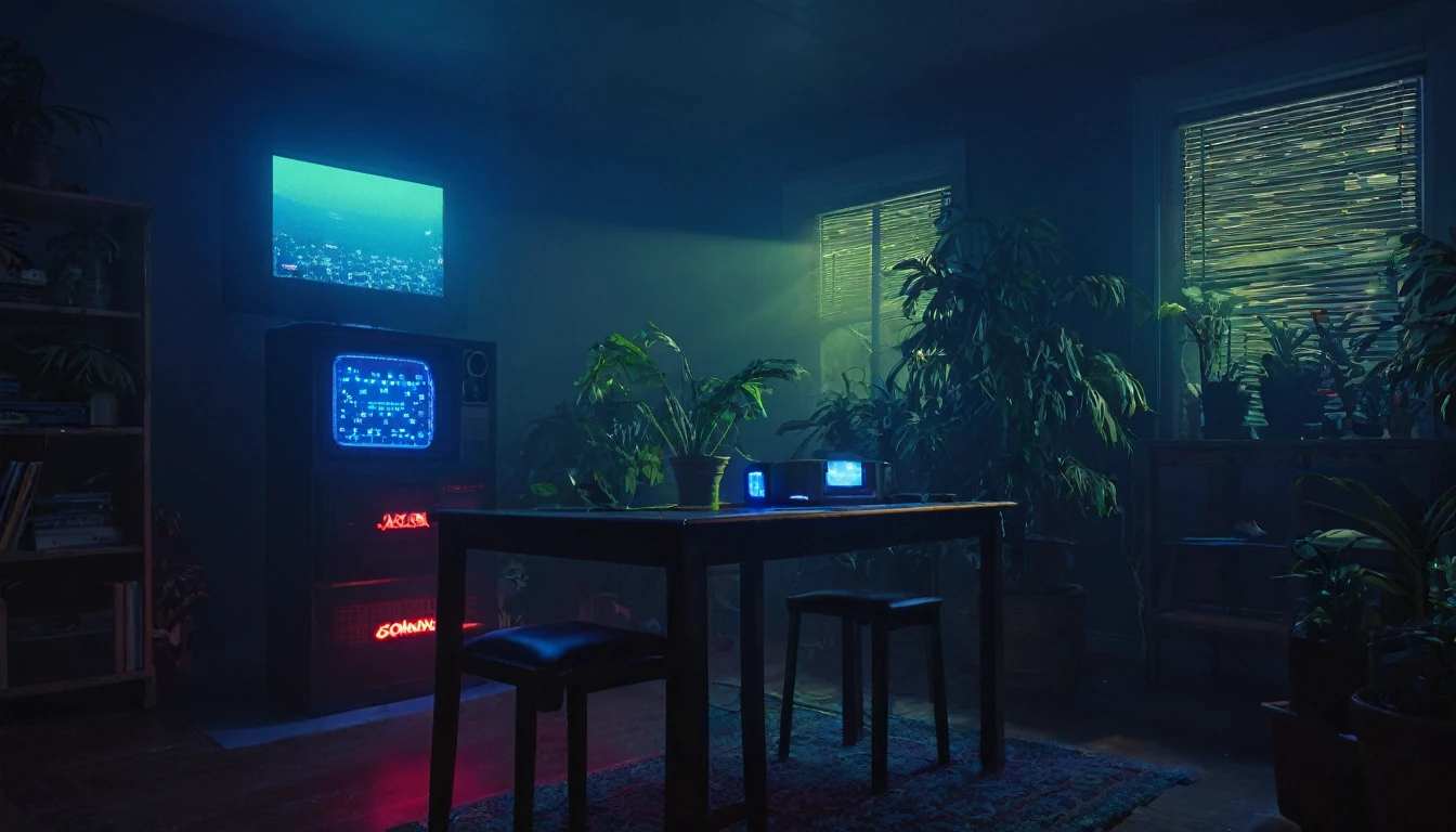 Nighttime scene with low lighting, neon lights, blinking lights, vibrant colors, ultra-realistic 8K resolution iPhone photo, retro tech Atari Commodore Space Invaders vibe, basement houseplants, dark blue panties small panty blue underwear, brunette hair 80's perm short white loose crop top long sleeves fog foggy misty 80's house 80's furniture big red lips.