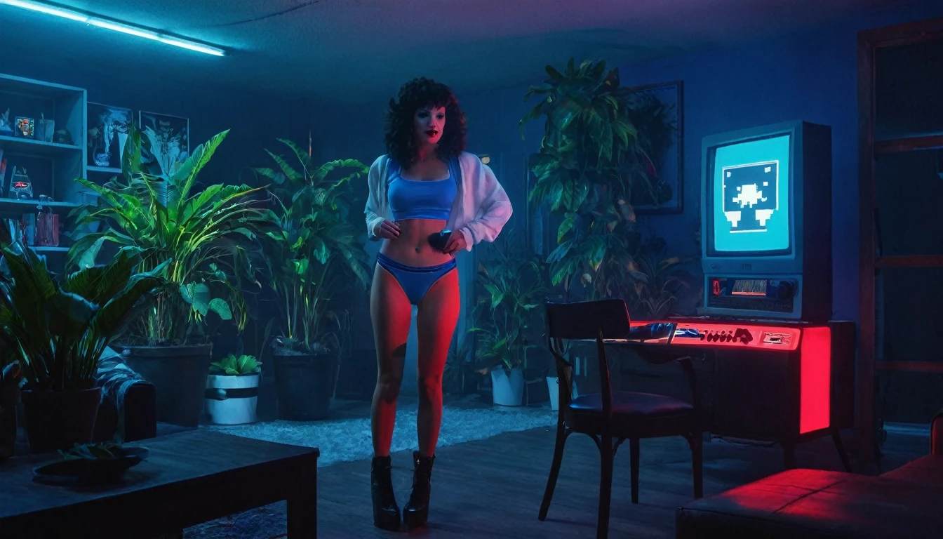 Nighttime scene with low lighting, neon lights, blinking lights, vibrant colors, ultra-realistic 8K resolution iPhone photo, retro tech Atari Commodore Space Invaders vibe, basement houseplants, dark blue panties small panty blue underwear, brunette hair 80's perm short white loose crop top long sleeves fog foggy misty 80's house 80's furniture big red lips.