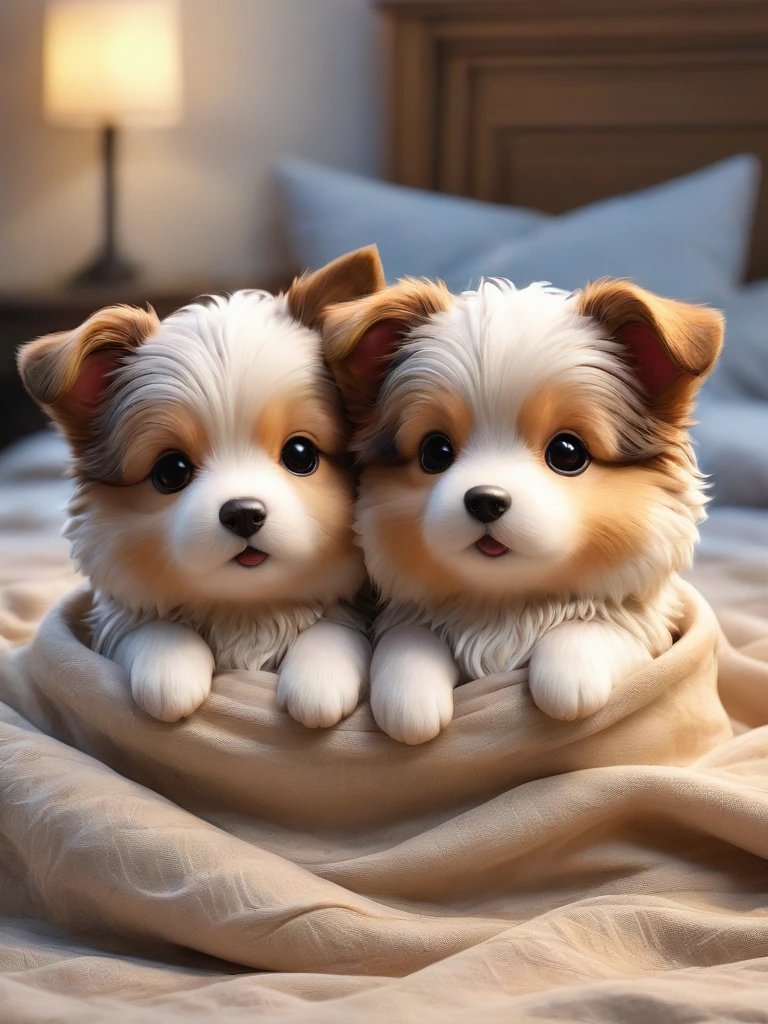 With the sunset in the background,(masterpiece:1.2, high quality), Several Shetland Sheepdog puppies sleeping snuggled up together in bed、