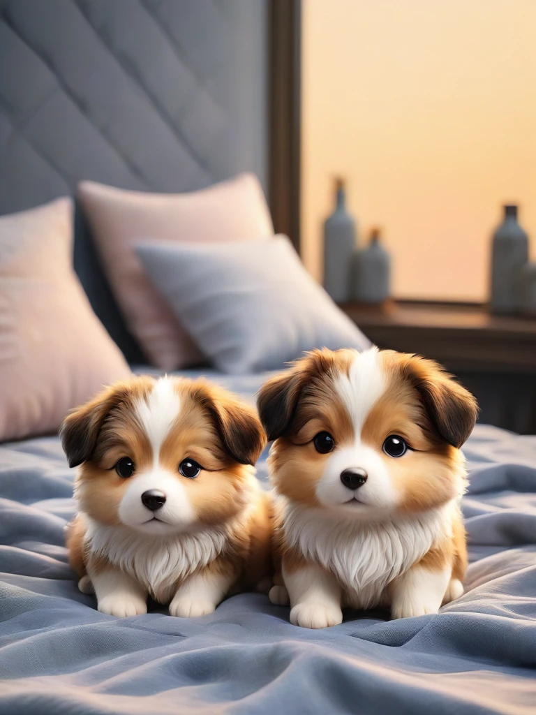With the sunset in the background,(masterpiece:1.2, high quality), Several Shetland Sheepdog puppies sleeping snuggled up together in bed、