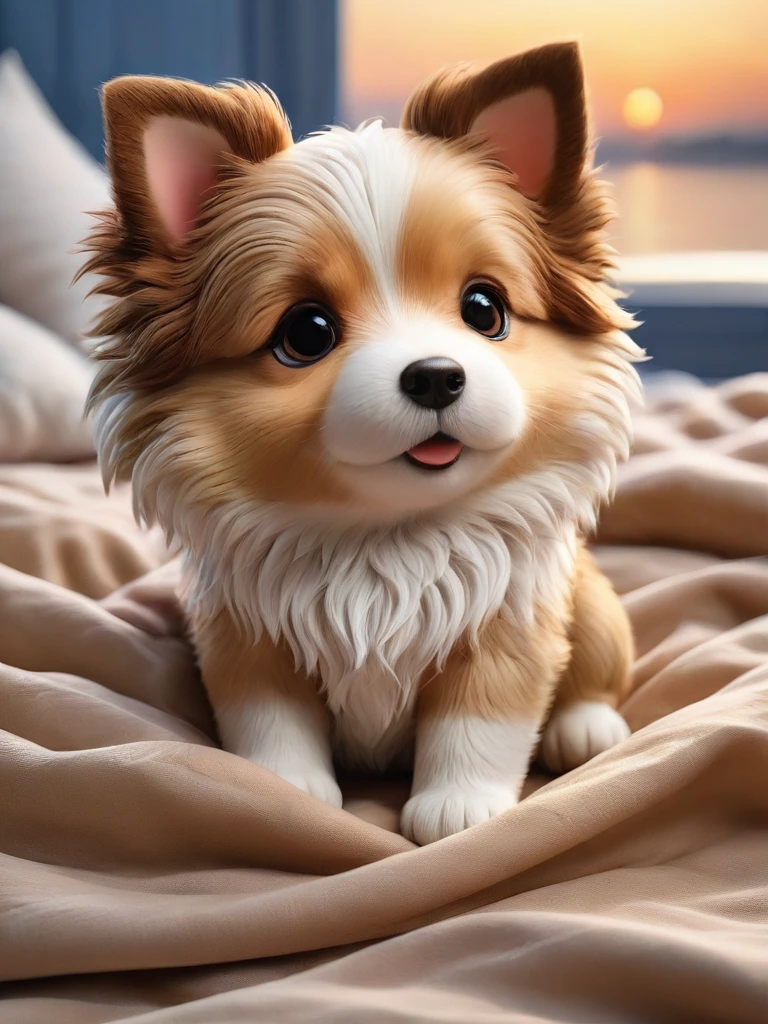 With the sunset in the background,(masterpiece:1.2, high quality), Several Shetland Sheepdog puppies sleeping snuggled up together in bed、