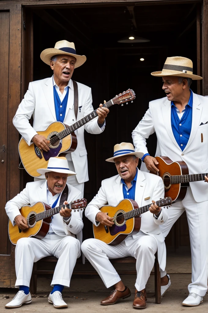 Some old men with huaraches hats and dirty white suits singing and playing a guitar