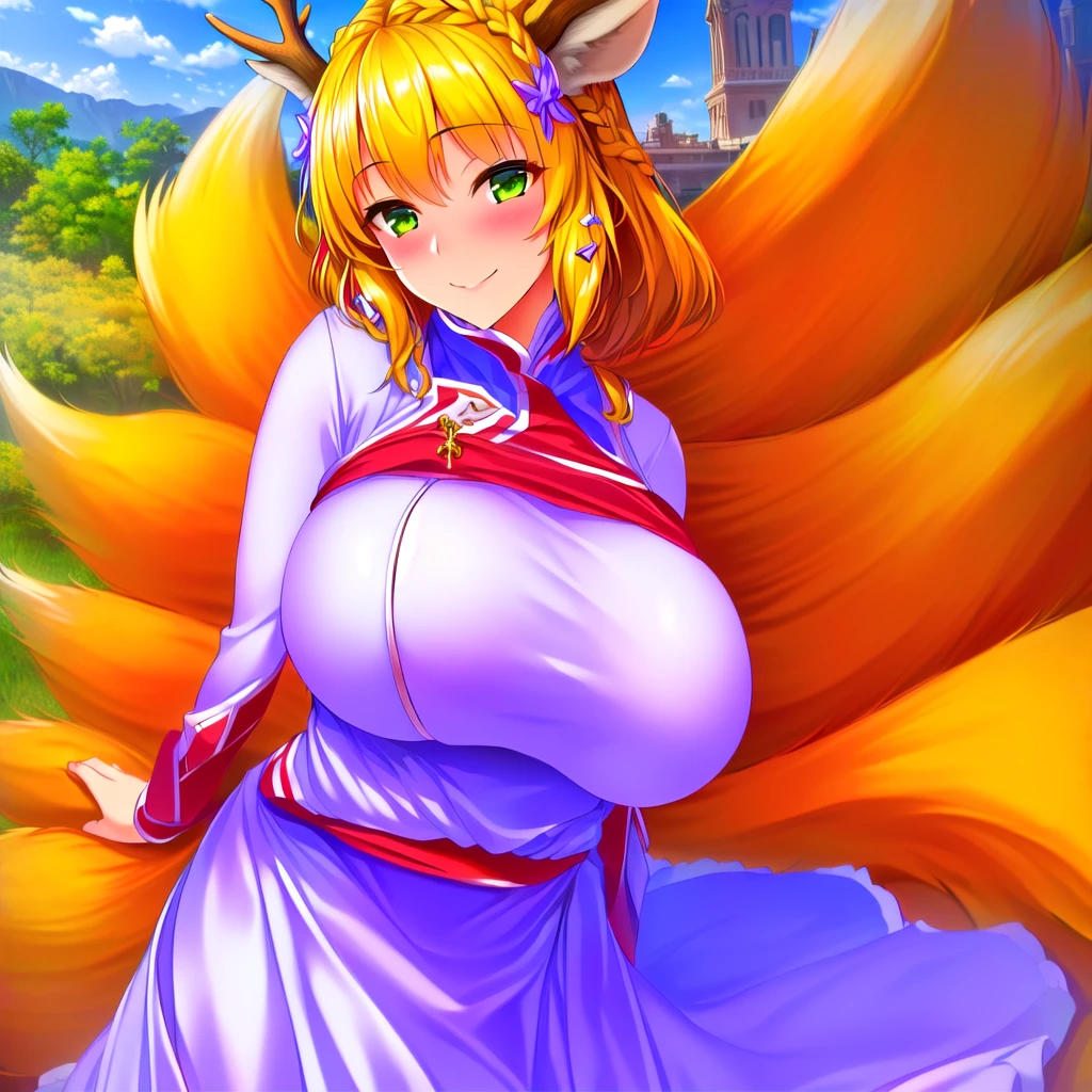 (best quality,4k,8k,highres,masterpiece:1.2),ultra-detailed,(realistic,photorealistic,photo-realistic:1.37),3girl,alone,model photoshoot,beautiful,arena,wearing,horns,deer ears,looking at viewer,smiling,blushing,hairpin,(braided hair),hair accessories,((hair clips)),