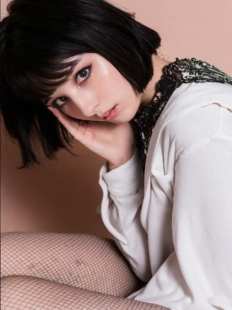 Pale teenage girl with silky black hair and bangs above her eyebrows, with small pink lips and a potato nose and light green eyes, taking a photo with black pencil around the eyes, looking at the camera with white sweatshirt and good quality