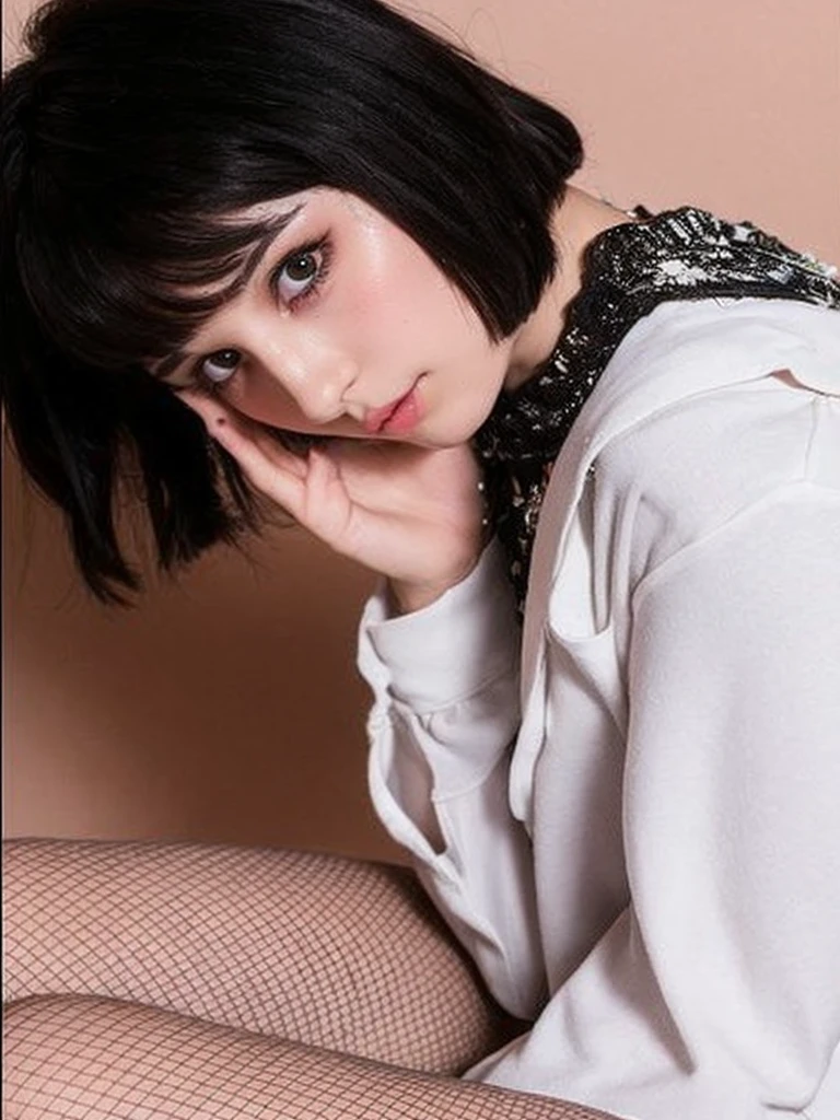 Pale teenage girl with silky black hair and bangs above her eyebrows, with small pink lips and a potato nose and light green eyes, taking a photo with black pencil around the eyes, looking at the camera with white sweatshirt and good quality