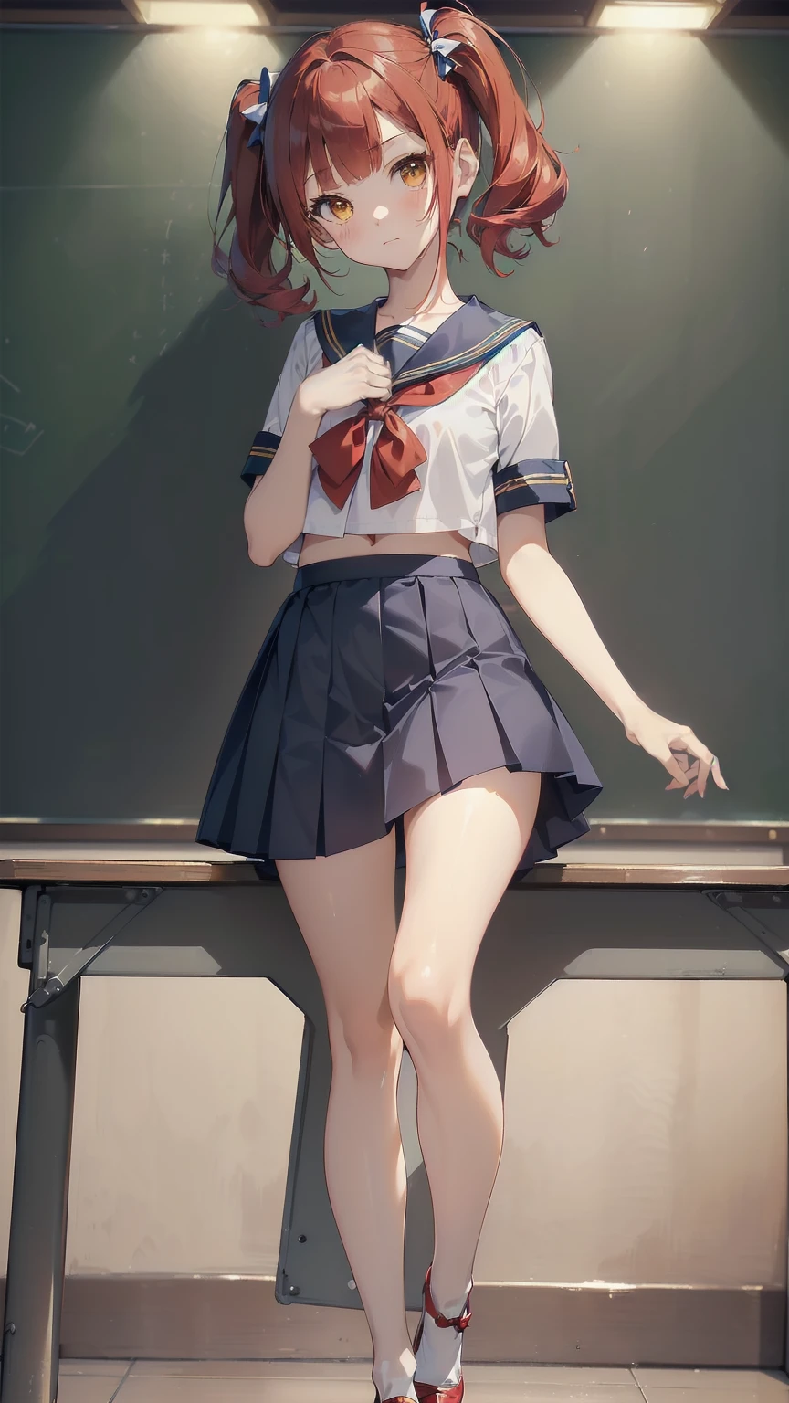 ((top quality, ultra-detailed, high resolution, extremely detailed CG, unity 8k wallpaper, by famous artist, perfect anatomy, super detailed skin, cinematic lighting, UHD, retina, anatomically correct, 1080P)), (Please draw a single one happy girl walking in a classroom school :1.3), ((1girl)), (Solo, face,13-year-old:2.0), a junior high school student, ((cute petit girl, chibi, babyface)) androgynous charm, (Medium hair, ((full red hair)) ((redhead)), pigtails, straight bangs, with a bow in her hair, ((very thin legs)), ((skinny legs, thin body, small build)), Full limbs, complete fingers, ((perfect fingers and hands)), flat chest, small breasts, childish body, small butt, groin, Beautiful detailed full yellow gold eyes, perfect eyes, sailor , ((blue skirt)) and white blouse, ((red bow on the blouse)), blue sailor collar, short sleeves, without stockings, (Detailed Lighting), ((classroom background)), (Detailed scenary background), ((in the school zone)), full body view, ((standing)), legs. Cute, kawaii single girl (one girl), full body shot. ((Background is the school)), front body, ((left hand up, right hand down)), ((little young 13 years old body:1.3)), ((perfect hands and fingers:1.0))