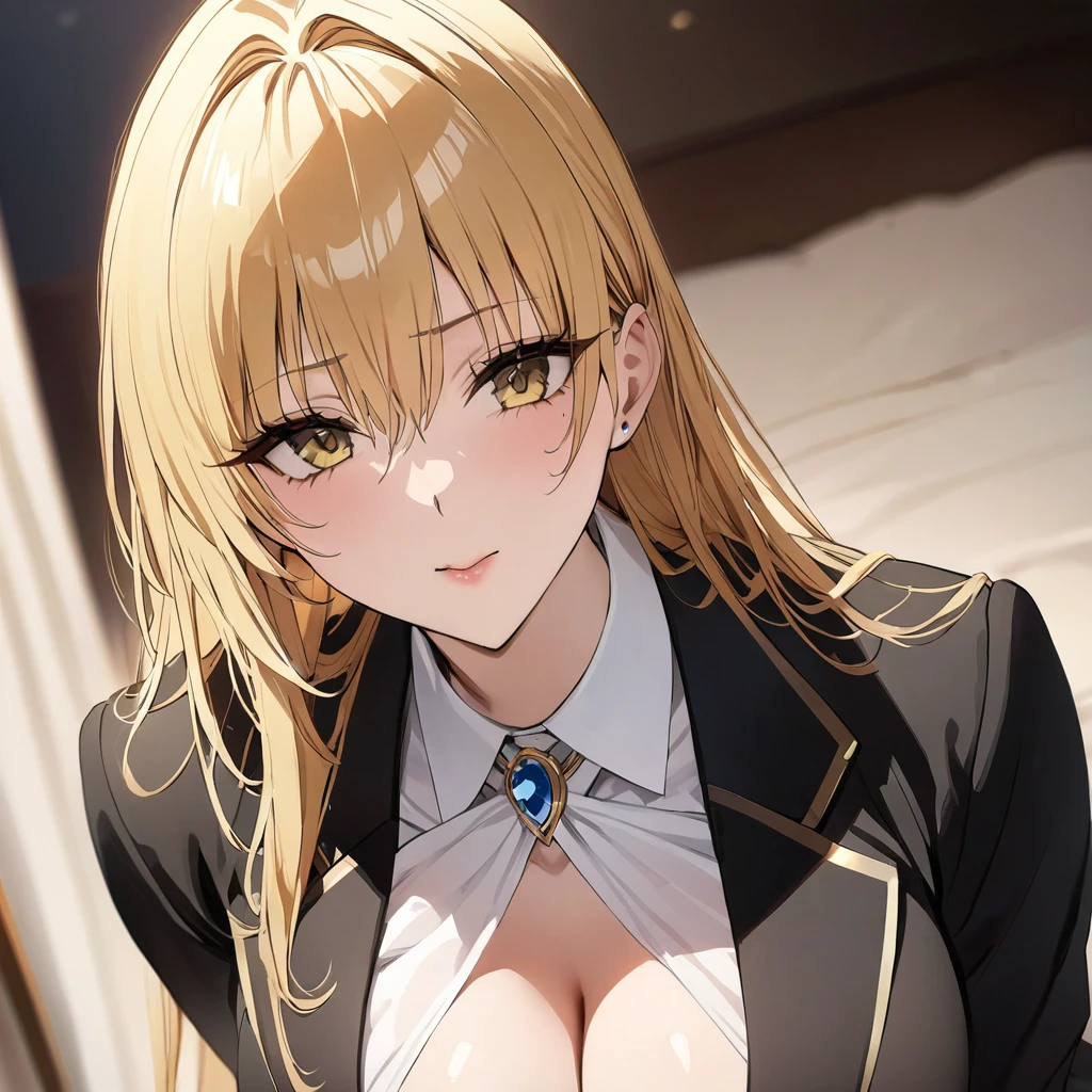 ((Highest quality)), ((masterpiece)), (detailed), （Perfect Face）、The woman is a thief with medium-long blonde hair, wearing a luxurious black skirt-type suit and a luxurious white blouse.