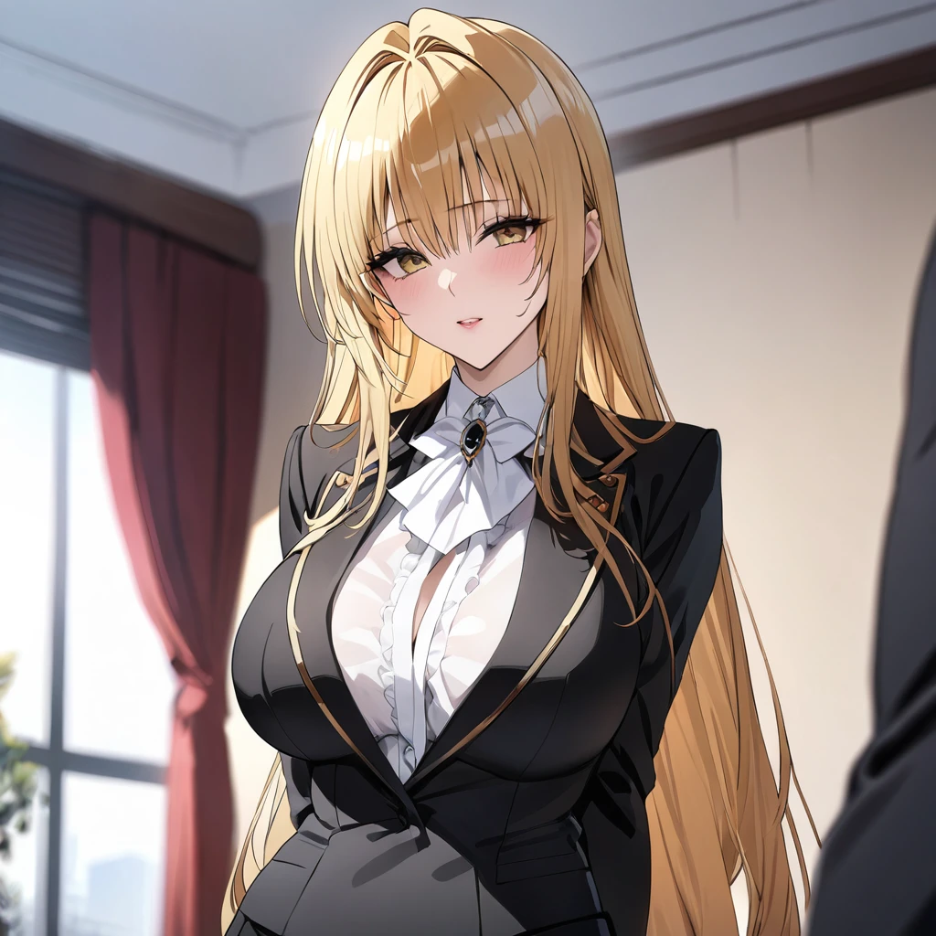 ((Highest quality)), ((masterpiece)), (detailed), （Perfect Face）、The woman is a thief with medium-long blonde hair, wearing a luxurious black skirt-type suit and a luxurious white blouse.