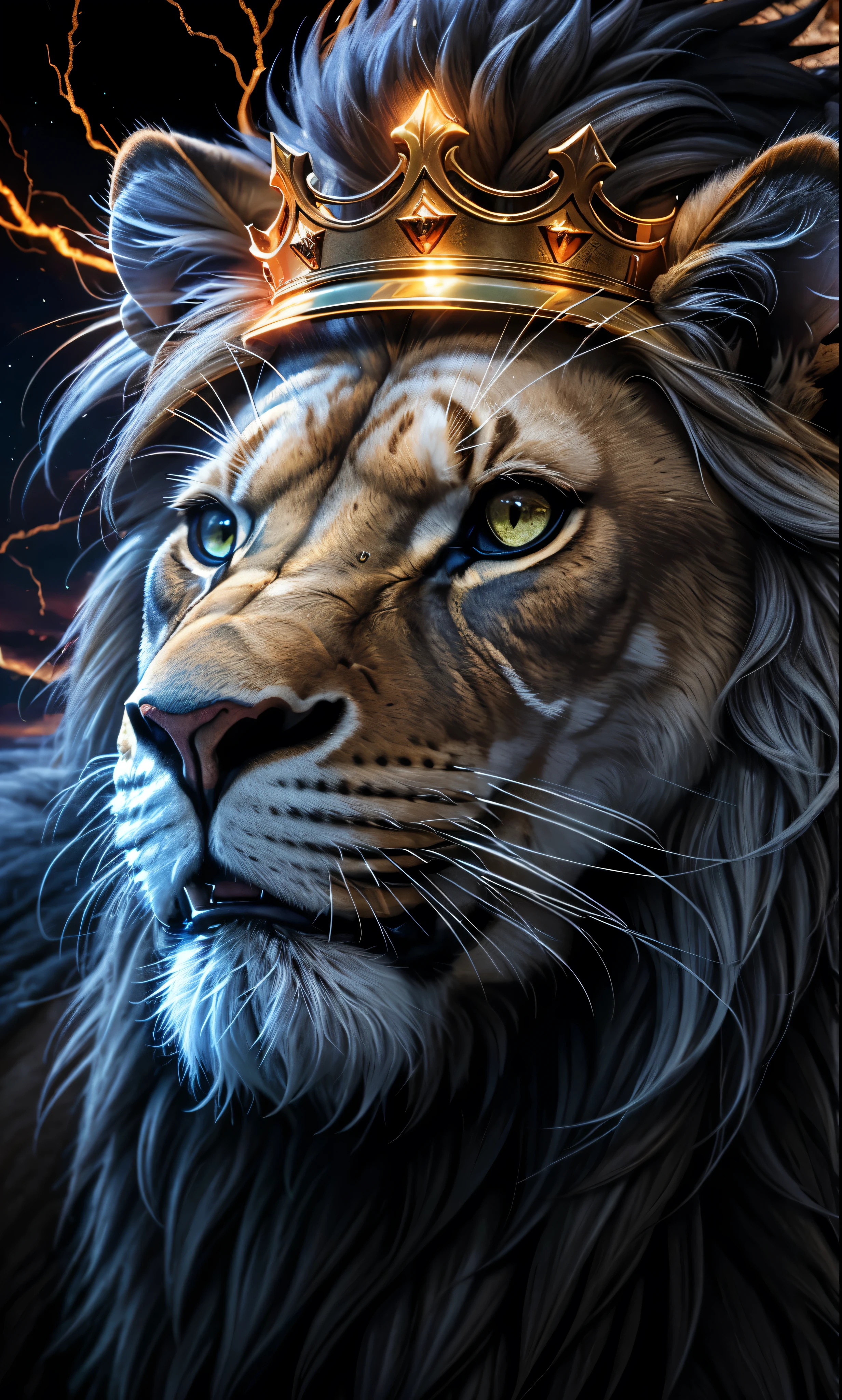 Lion, Divine Lion, naturals, naturals, ferocious, masculine, mighty, golden lion, rey crown, rey, golden crown, Realistic crown, Powerful Lion, beautiful nature, Great Realistic Lion, FullHD 8K, Light of sky, sunset night, Clear sky Sun, Black Golden, black andwhite, black and gold, detailed realistic face, 8K Detailed Realistic White Lion, Ultrarealistic 8k |, Energia de thunder realista detalhada, Strong Creature realista detalhada, Strong Creature, Lion macho, Rendering, Fotorrealista 8K, UltraHD Alta definição 8K, Detailed Realistic 16K, Nitidez Fotorrealista 8K, 16K photorealistic textures, Contraste Fotorrealista 8K, Sombras Fotorrealistas 8K, Luzes Fotorrealistas 8K, Detailed realistic sunset, Detailed Realistic Lion Face, Detailed realistic light, detailed textures, thunder, detailed shadows, detailed colors, Celestial Electricity, Golden thunder, Lion realista, Ultra Realistic 16K, Realistic 16K, Realistic 16K sharpness, 16K photorealistic textures, 16K realistic colors, powerful creature, Majestic power, Power of Heaven, Great Divine, detailed contrast, realistic contrast, high resolution, detailed colors, fire, villany, divine creature, 8K, realistic detailed, 16K, 8K, High definition, detailed contrast, realistic contrast, high resolution, detailed colors, fire, villany, divine creature, realistic detailed, chic, posh