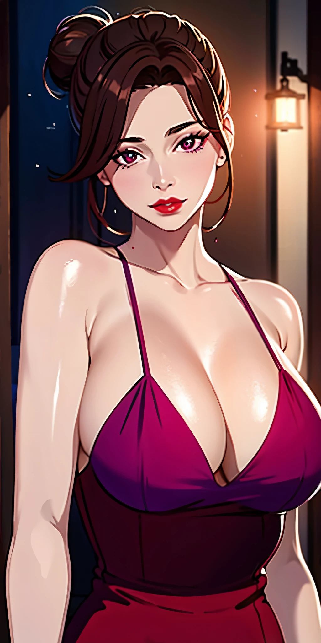 masterpiece:1.5, best quality:1.5, aesthetic, 1girl, sidelocks, cinematic lighting, sharp focus,large breasts , mature female,  ,16k, glowing eyes, detailed 4k eyes,
playground,seduction,sexy lips, parted lips,detailed lips,
red lips, high detailed background,((big purple eyes)), detailed face,shiny skin,
auntjunev3,auntjune,hair bun, bangs, messy hair, 
dress,red dress, sleeveless dress, collarbone,nightgown