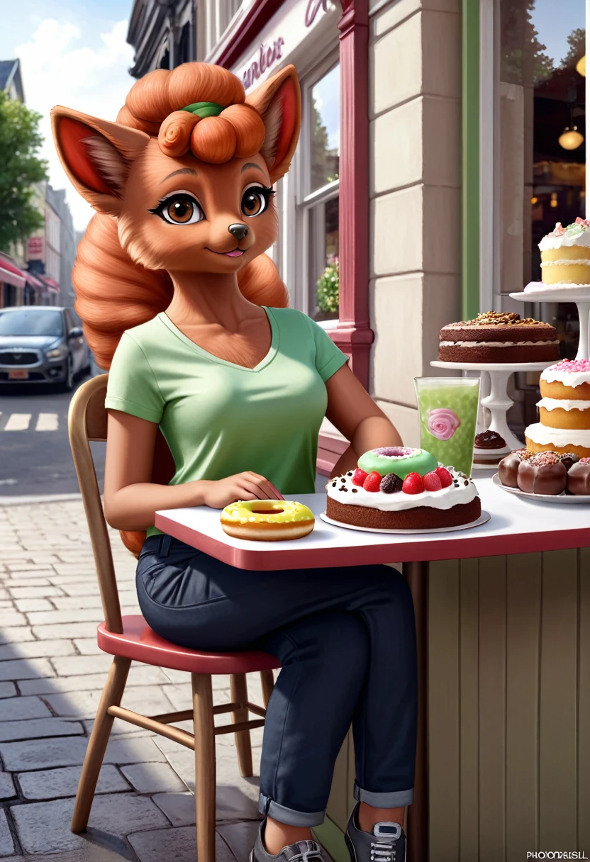 Anthro photorealistic humanoid furry fluffy female fursuit Vulpix with brown eyes wearing a green shirt and navy pants at a cake shop eating a jelly donut table chairs window street view