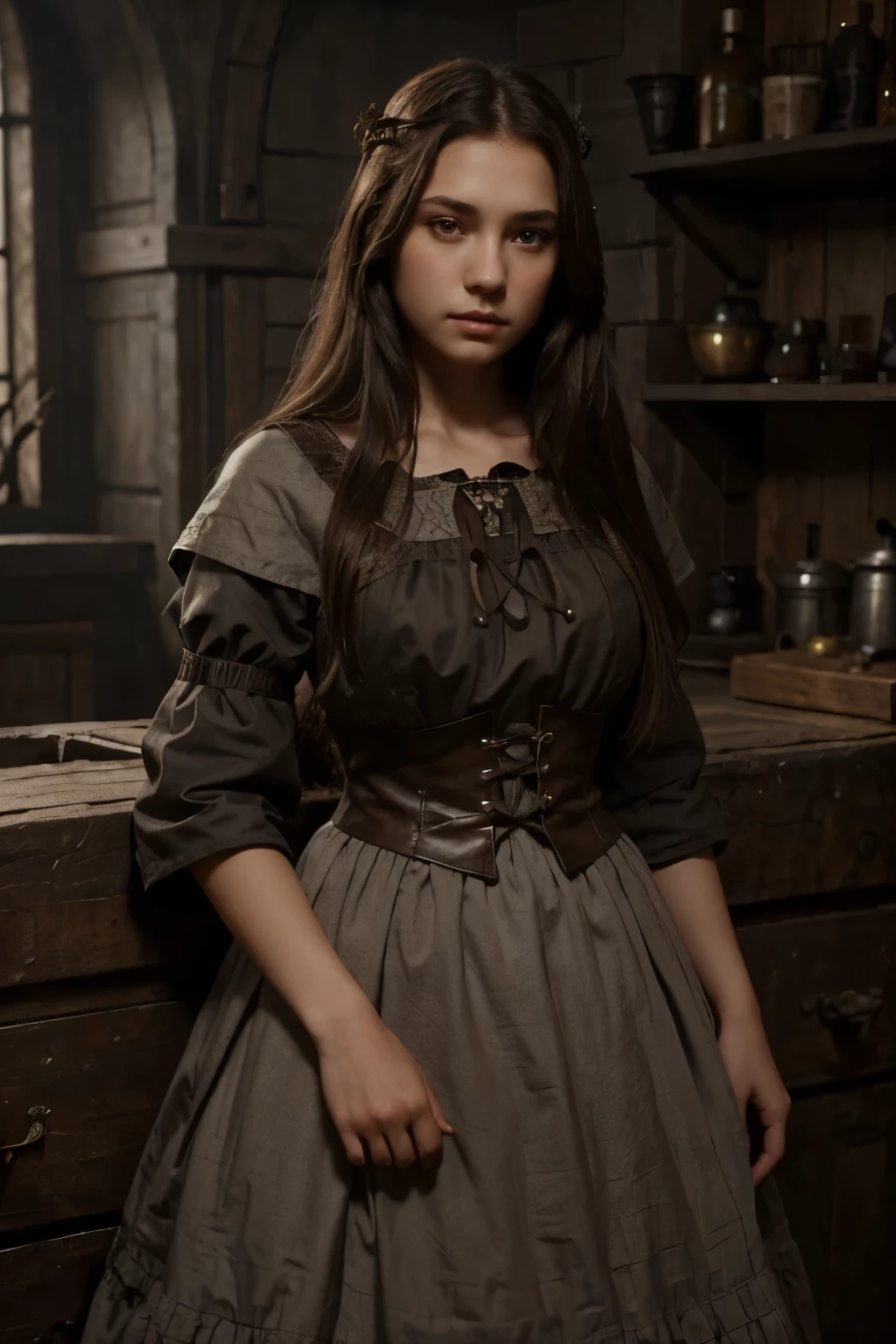 girl 15 years old with brown hair, slightly ashy straight hair, grey eyes, kind look, dark fantasy character design, , epic exquisite character art, dark fantasy art, Full view, Amazing character art. in peasant dress