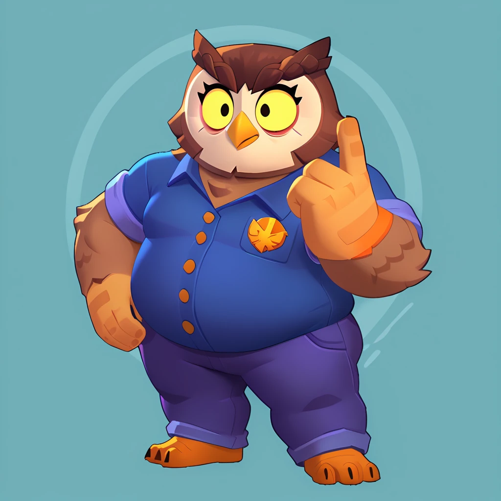 Full body view from an anthropomorphic obese brown owl, bulging eyes, oval yellow beak, dressed in a blue polo shirt, purple jeans with orange trim on the side, gold braid, owl head logo on his polo shirt, weapons in hands, brawl, brawl stars
