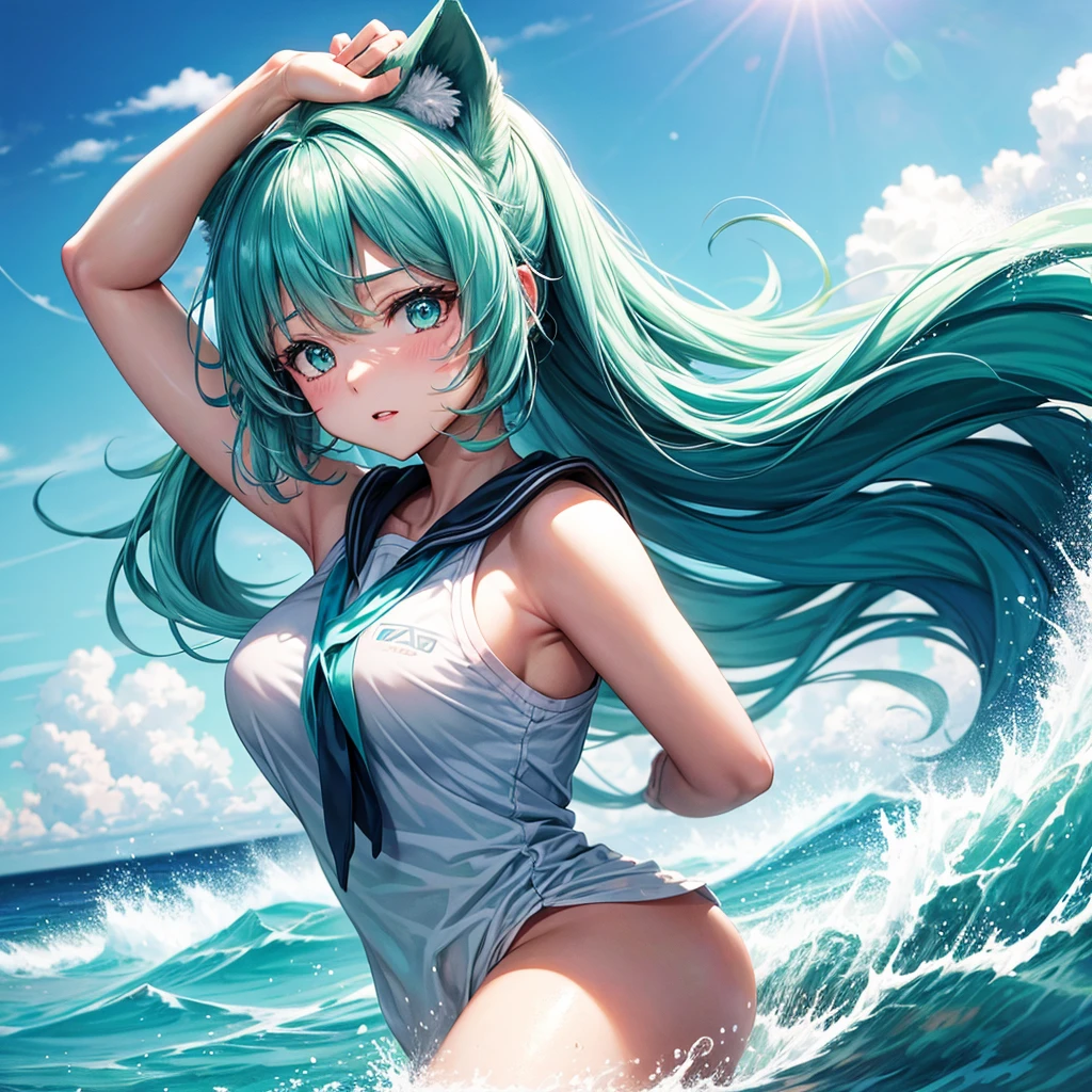 waifu in a cloud of ultra turquoise wave dust