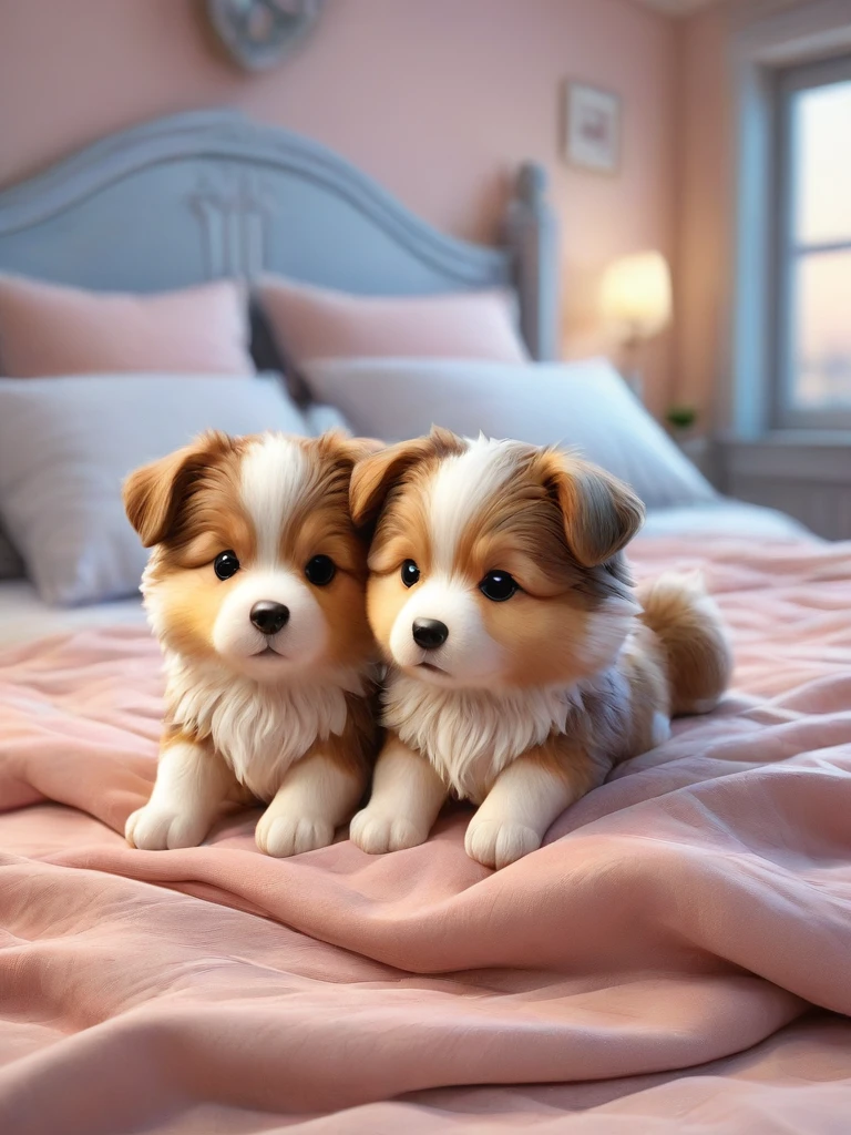 With the sunset in the background,(masterpiece:1.2, high quality), Several Shetland Sheepdog puppies sleeping snuggled up together in bed、