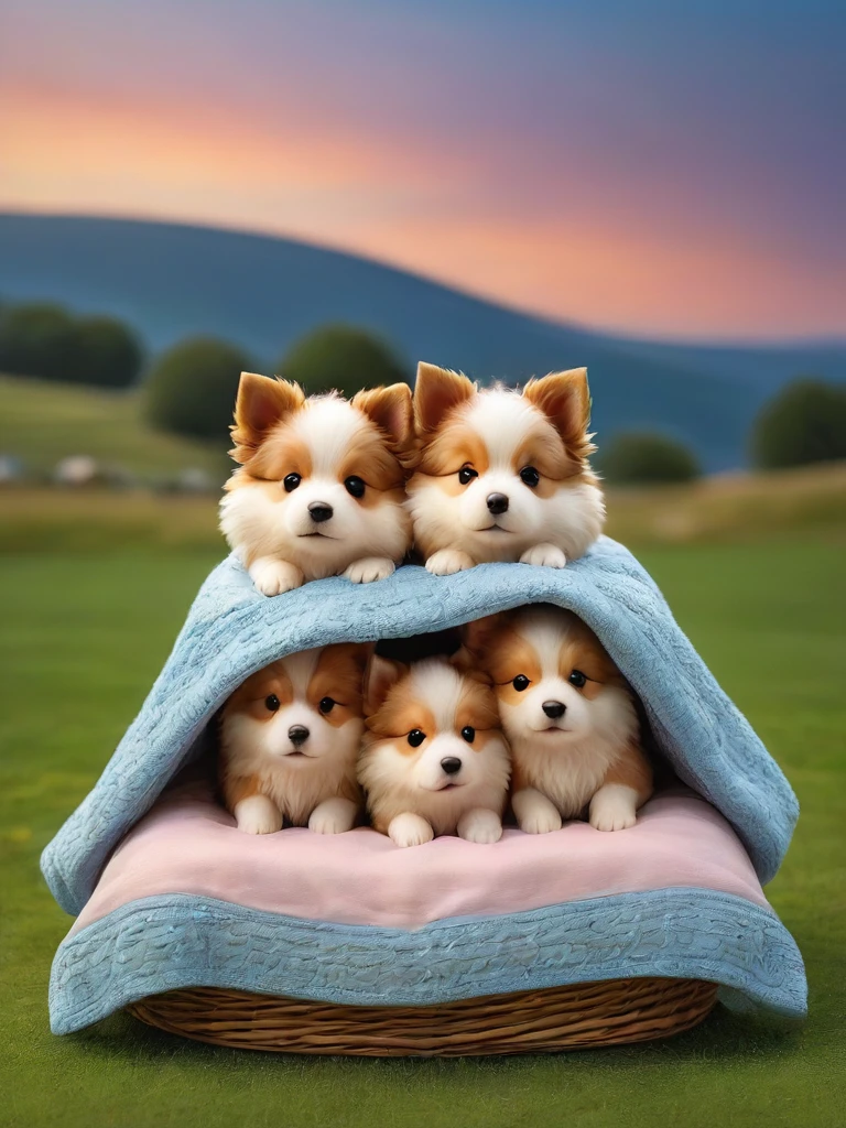 With the sunset in the background,(masterpiece:1.2, high quality), Several Shetland Sheepdog puppies sleeping snuggled up together in bed、
