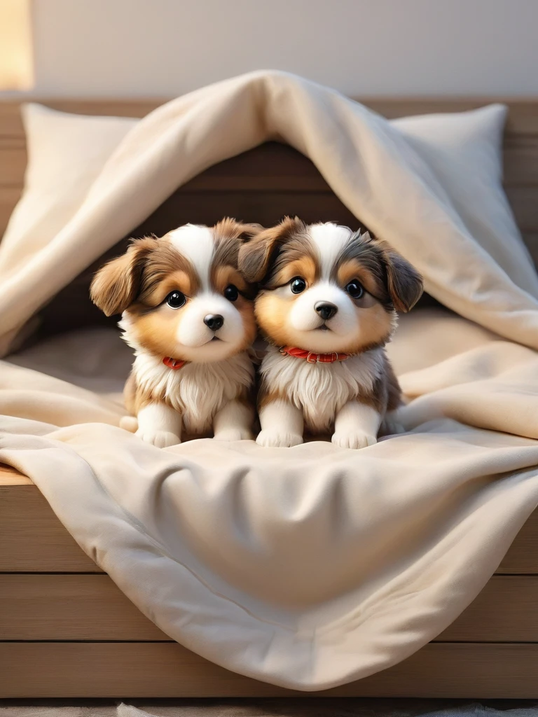 With the sunset in the background,(masterpiece:1.2, high quality), Several Shetland Sheepdog puppies sleeping snuggled up together in bed、