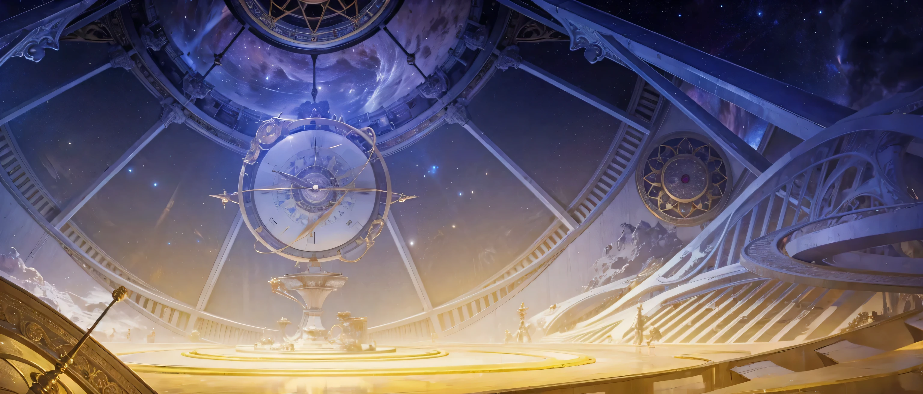 There is a clock on the ceiling of a building., Infinite Space Clock Background, Infinite Celestial Library, Alchemist's Library Background, background technologywork, Animation New Art Universe Display, Intricate sparkling atmosphere, background technology, Concept Art magical highlight, Kingdom of Light Background, Arena Background, anime background technology, astral background, Gorgeous border + Concept Art, Star Clocks