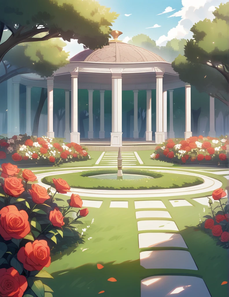 a large and vast garden with grass and red roses, with Greek marble decorations