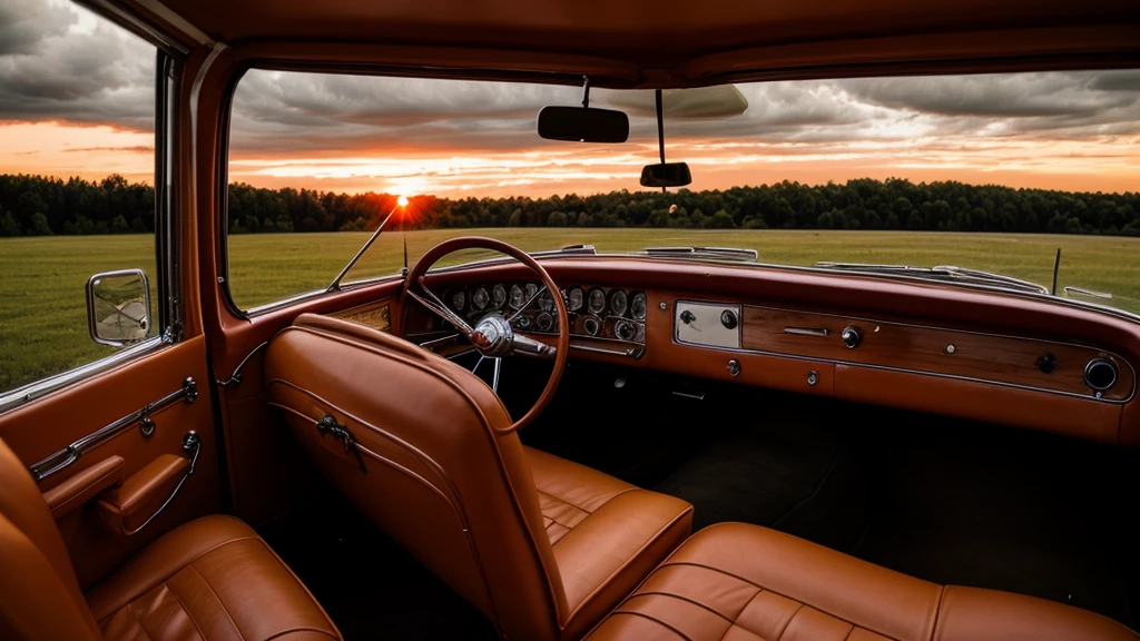 Inside a old school car with a sunset and nice clouds out of the windsheild