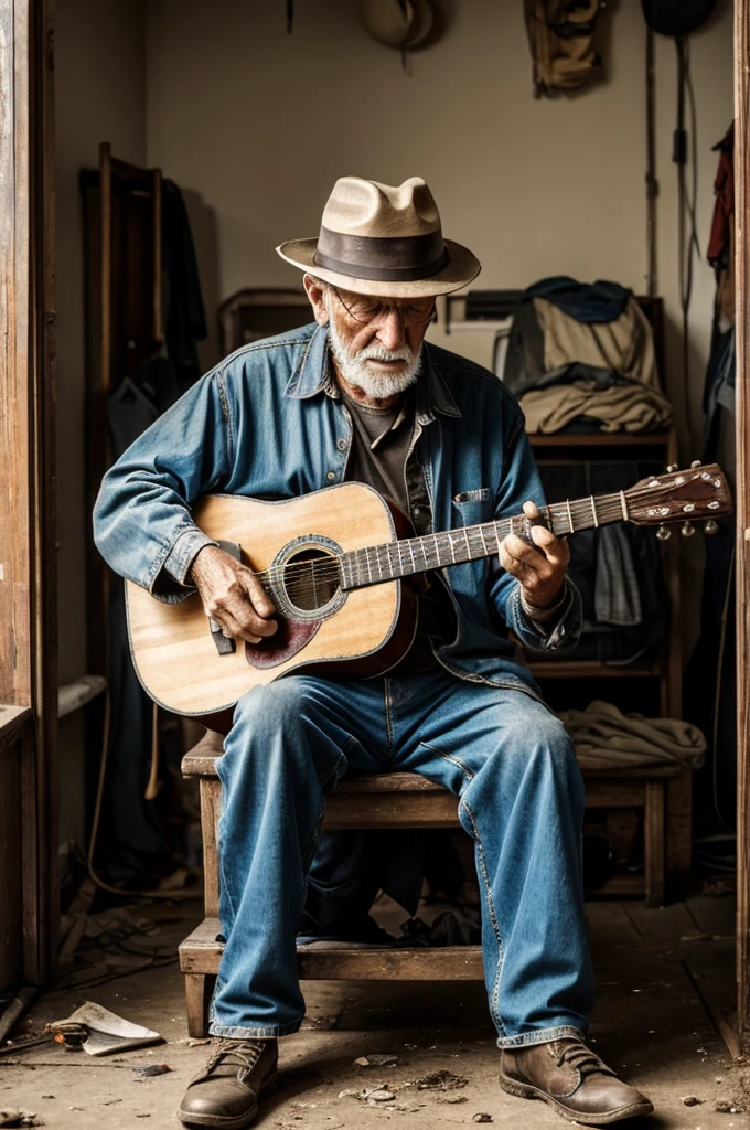 A very poor old man with a broken hat and very dirty clothes playing the guitar