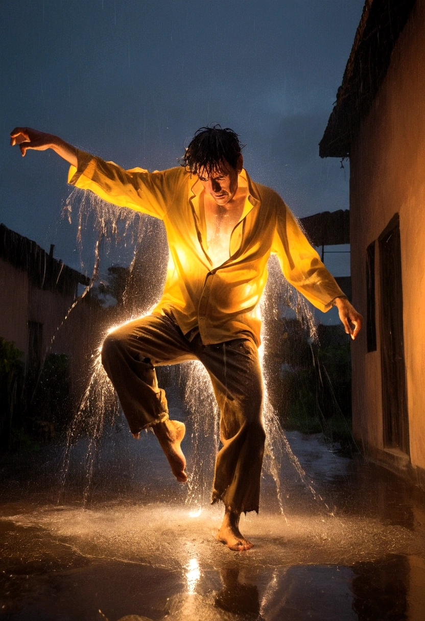 A madman dancing in the rain,explosive force,Ragged clothes,Barefoot,Illuminate the edges,Luminescence,Artistic Creativity:1.37,Low Angle of View