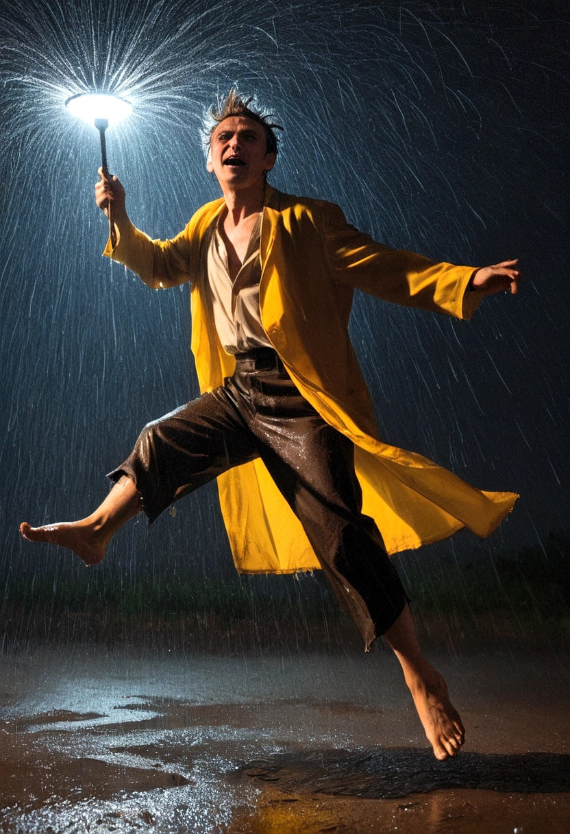 A madman dancing in the rain,explosive force,Ragged clothes,Barefoot,Illuminate the edges,Luminescence,Artistic Creativity:1.37,Low Angle of View