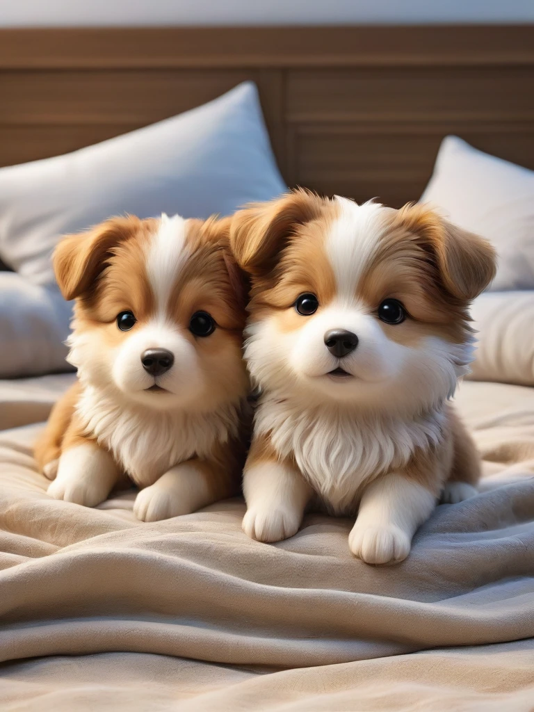 With the sunset in the background,(masterpiece:1.2, high quality), Several Shetland Sheepdog puppies sleeping snuggled up together in bed、