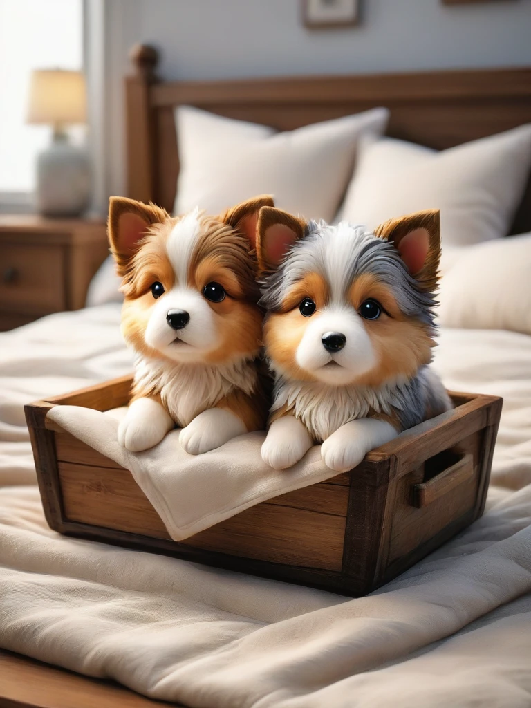 With the sunset in the background,(masterpiece:1.2, high quality), Several Shetland Sheepdog puppies sleeping snuggled up together in bed、