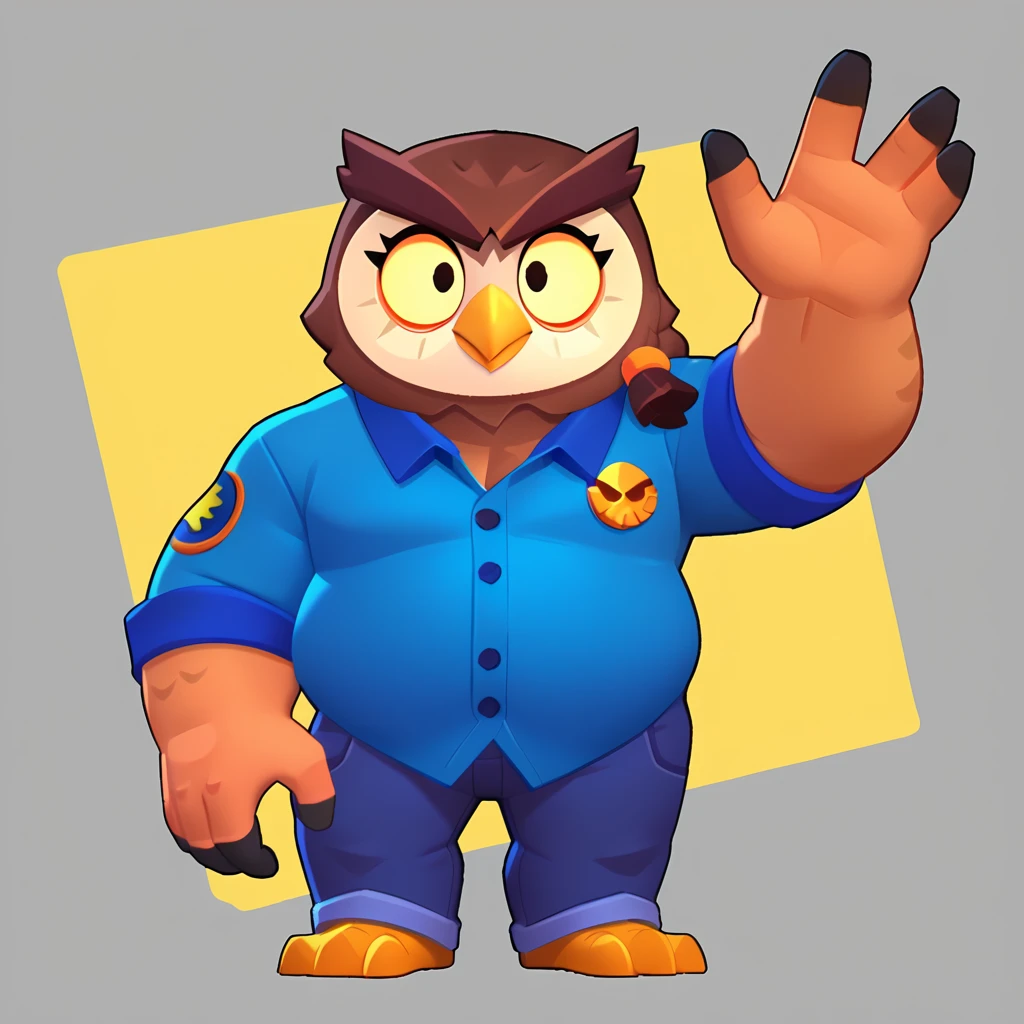 Full body view from an anthropomorphic obese brown owl, bulging eyes, oval yellow beak, dressed in a blue polo shirt, purple jeans with orange trim on the side, gold braid, owl head logo on his polo shirt, weapons in hands, brawl, brawl stars
