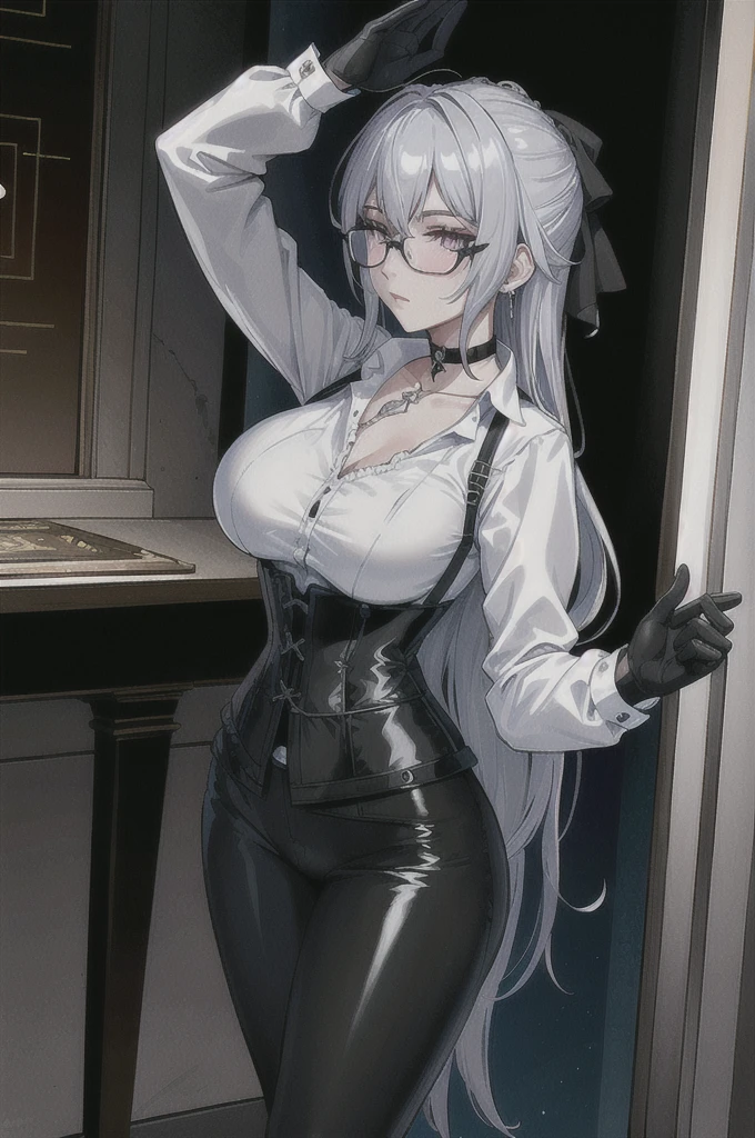 Masterpiece, Beautiful art, professional artist, 8k, art style by sciamano240, rostro de Bronya Zaychik, detailed body, Very detailed face, very detailed eyes, Detailed clothing, detailed fabric, Best Quality, better resolution,  1 girl, front view, standing, big breasts, serious expression,  at night , silver hair, glasses, choker:1.6, (long sleeve white collar buttoned shirt), (shiny black corset), black gloves covering your hands, (shiny black leggings), looking at the viewer, elegant room, at night