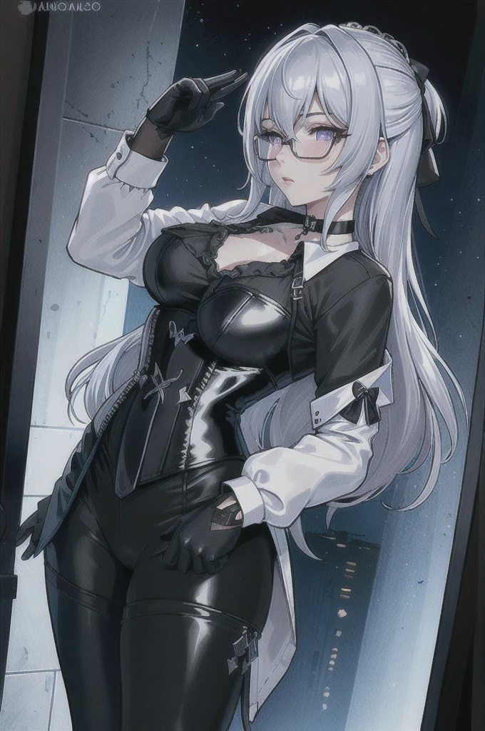 Masterpiece, Beautiful art, professional artist, 8k, art style by sciamano240, rostro de Bronya Zaychik, detailed body, Very detailed face, very detailed eyes, Detailed clothing, detailed fabric, Best Quality, better resolution, 1 girl, front view, standing, big breasts, serious expression, at night , silver hair, glasses, choker:1.6, (long sleeve white collar buttoned shirt), (shiny black corset), black gloves covering your hands, (shiny black leggings), looking at the viewer, elegant room, at night