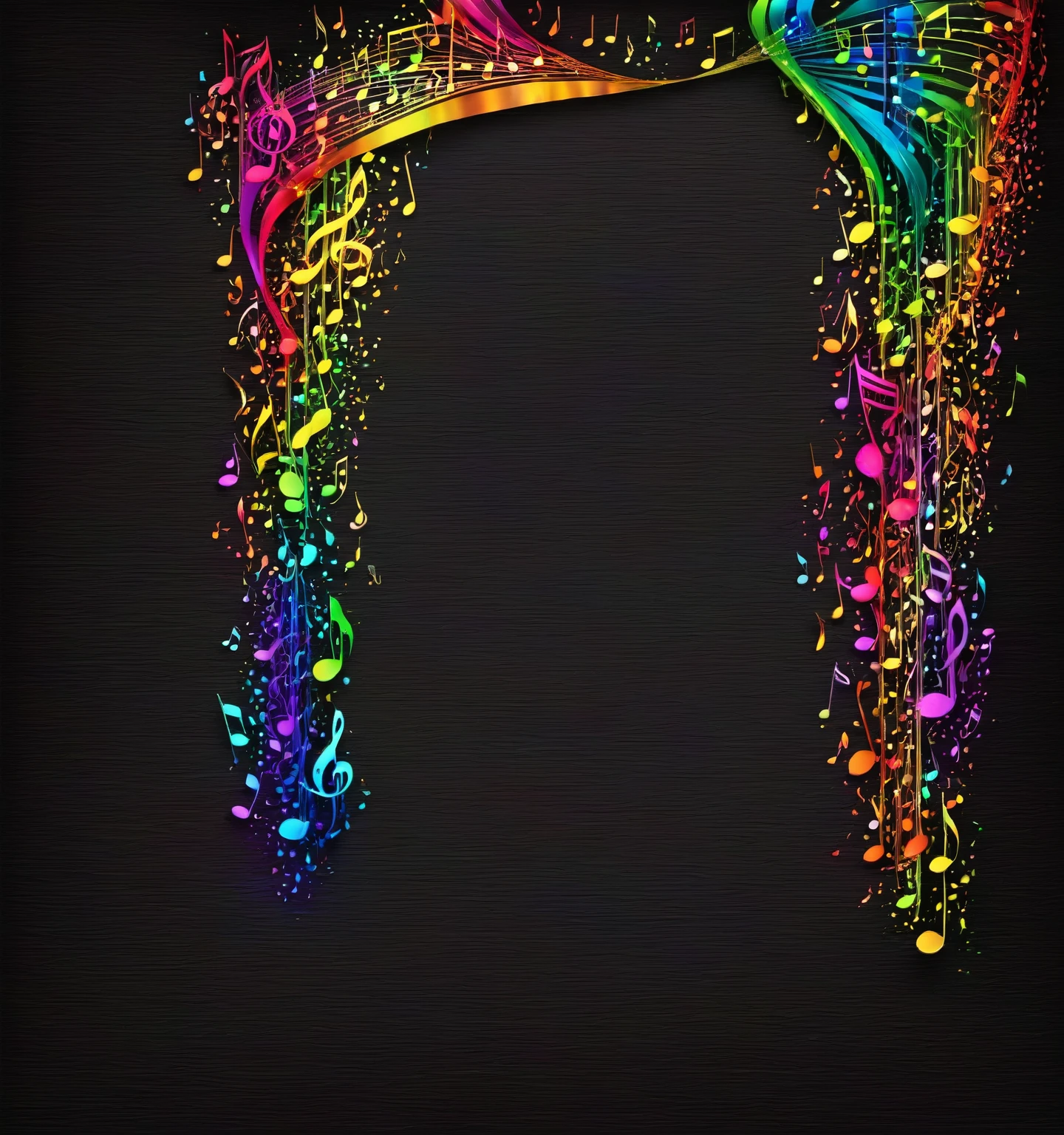 Black background, rainbow colored musical notes