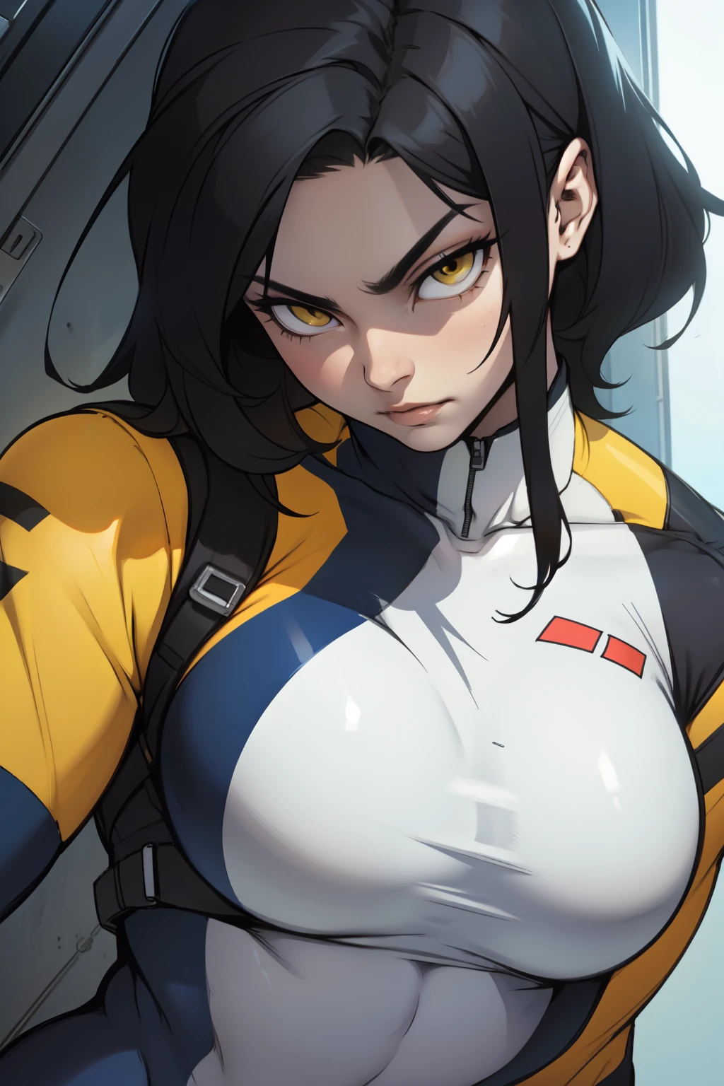 1 girl, black hair, yellow eyes, very long hair, pale skin, ((((extremely muscular)))), large breasts, (seductive expression), pilot suit, close up