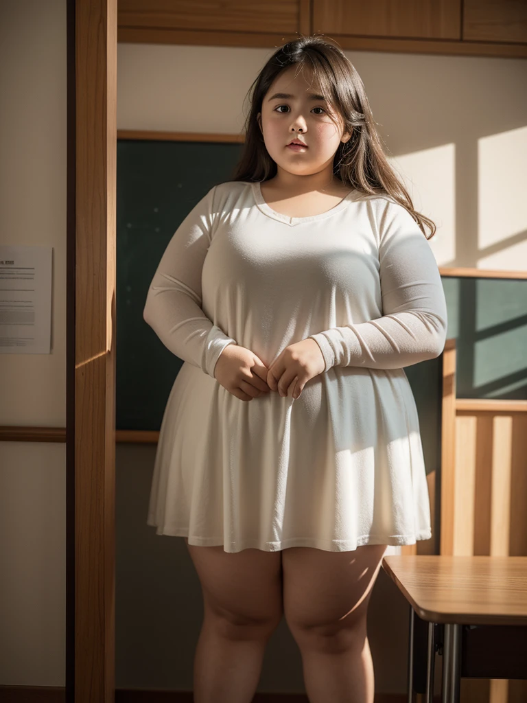 a  obese girl, chubby cheeks, round face, double chin, thick arms and legs, wearing a , standing in a school setting, realistic, detailed, highly detailed, intricate details, photorealistic, 8k, masterpiece, cinematic lighting, dramatic shadows, vibrant colors